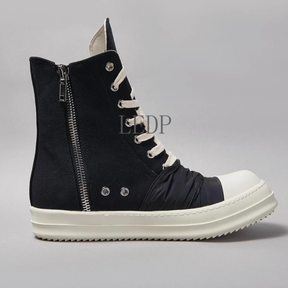 

Brand New Luxury Casual O-wen Shoe Men Retro Style Black Canvas High-top Pleated With Black Cloth Boots Women Owens Flat Sneaker