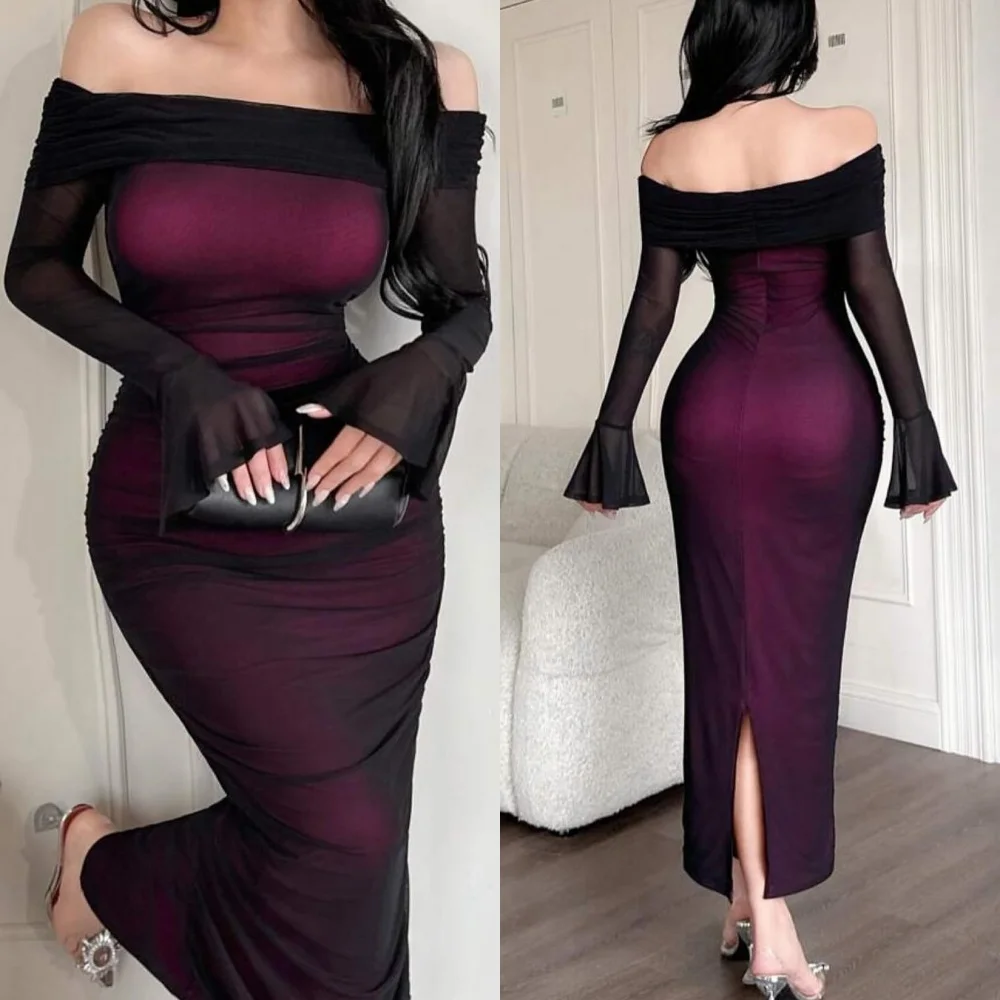 

Customized Simple Off the Shoulder Long Sleeves Evening Dress Fashion Contrast Color Prom Dresses Temperament Party Gowns
