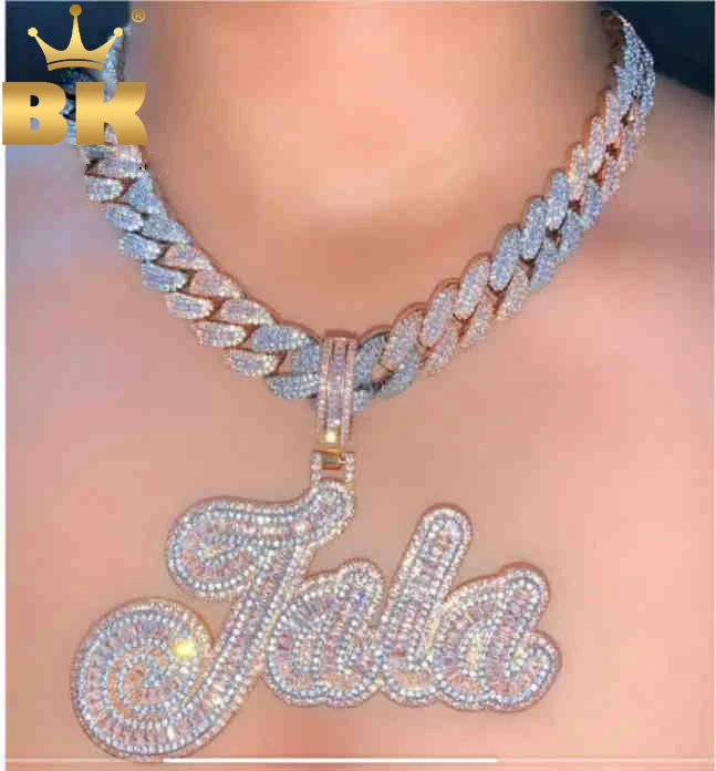 

TBTK Custom Baguettecz Letter Pendant Iced Out Bling Square CZ With 15mm Miami Cuban Chain Necklace Charm Hiphop Jewelry