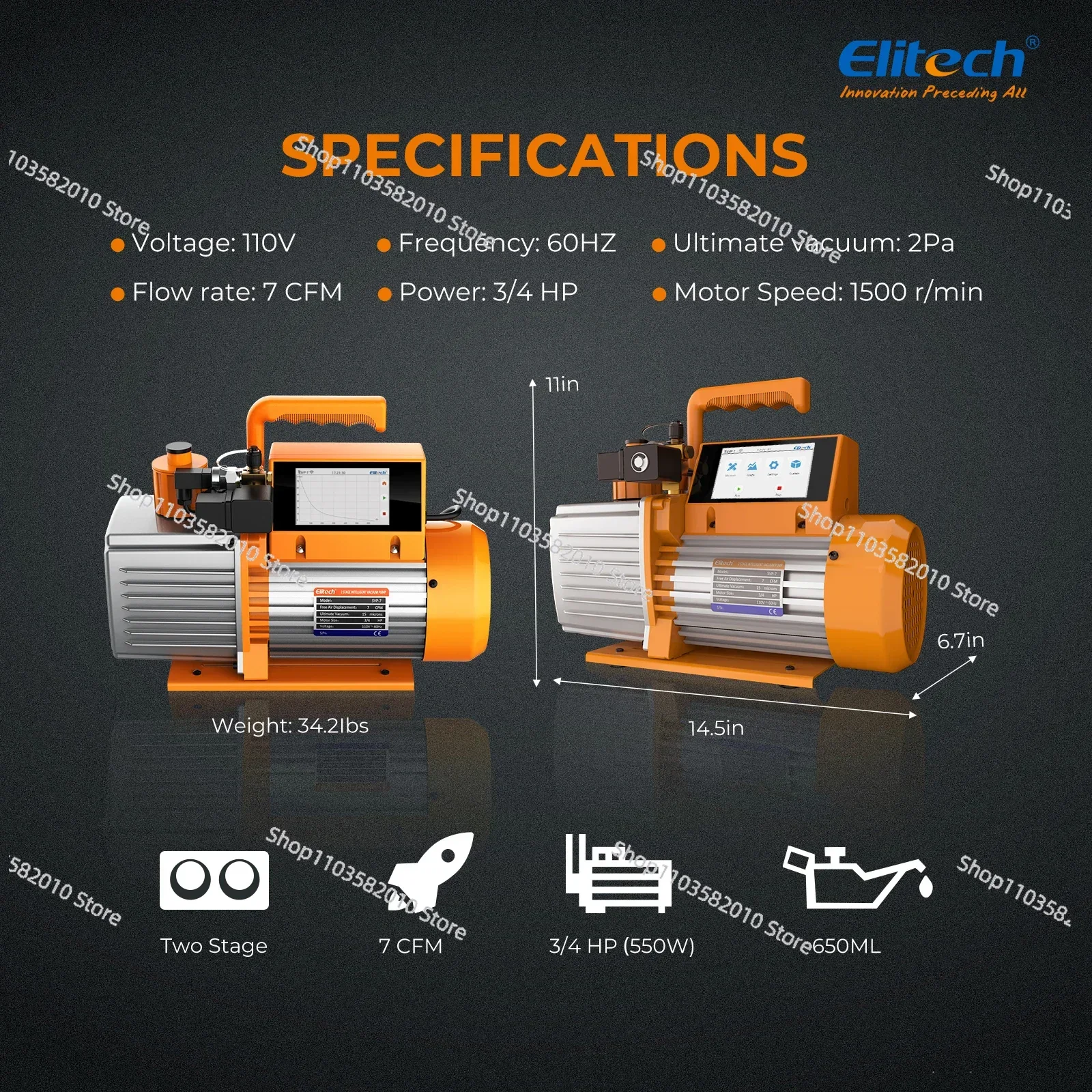 Elitech Vacuum Pump V7/9/12 CFM 2 Stage Intelligent Rotary Vane Vacuum Pump HVAC Touch Screen, Data Logging, Storage via App