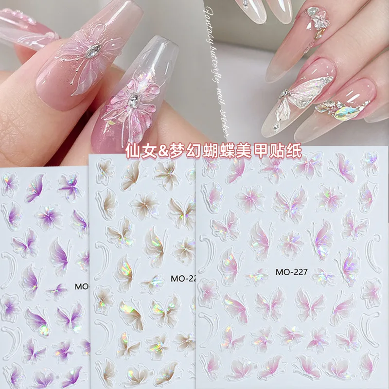 5D Glitter Butterfly Nail Art Stickers Japanese Aurora Laser Self-Adhesive Nails Decorations Decals Manicure Supplies Material