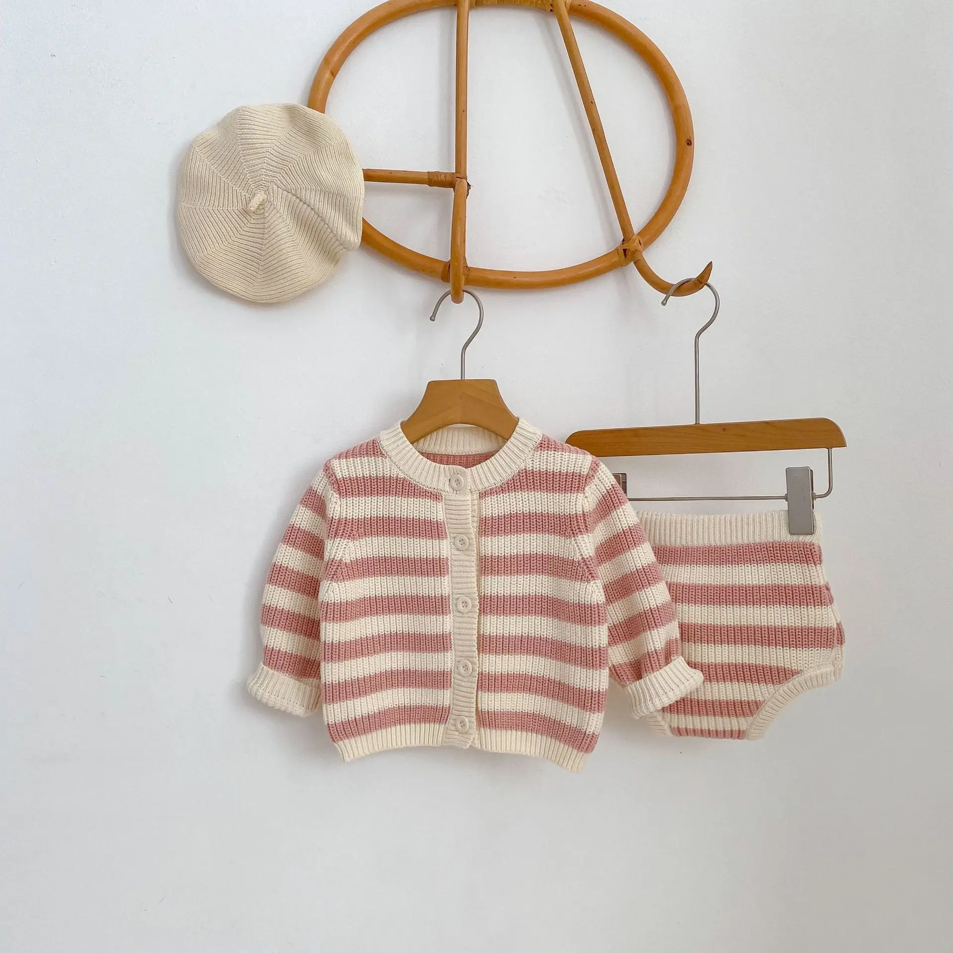 2026 Spring New Baby Long Sleeve Clothes Set Boys Girls Striped Knitted Cardigan + Pants 2pcs Suit Toddler Cotton Casual Outfits