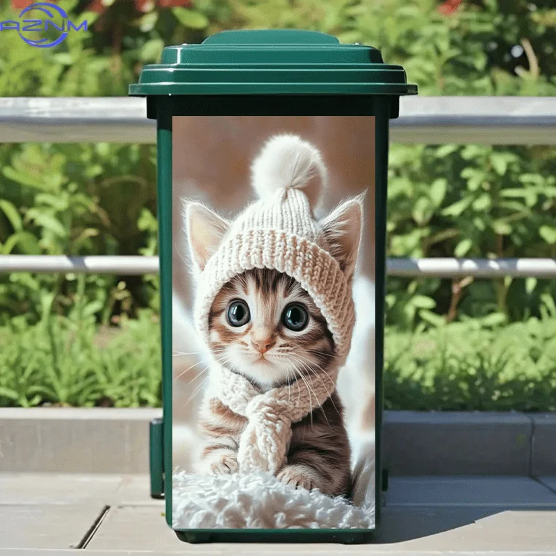 1pc 2D/Flat Kitten in Knit Hat and Scarf Self-Adhesive Dustbin Stickers, No Festival-related Decor, PVC Trash Can Decorative S