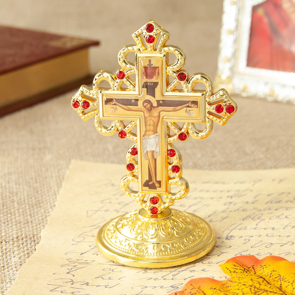 HTISOK Zinklegierung Kreuz-Dekor Jesus mit Roten Strasssteinen 3,5 Zoll Christliches Heim-Altar-Gebets-Tischornament Religiöse Geschenke – Detail 6
