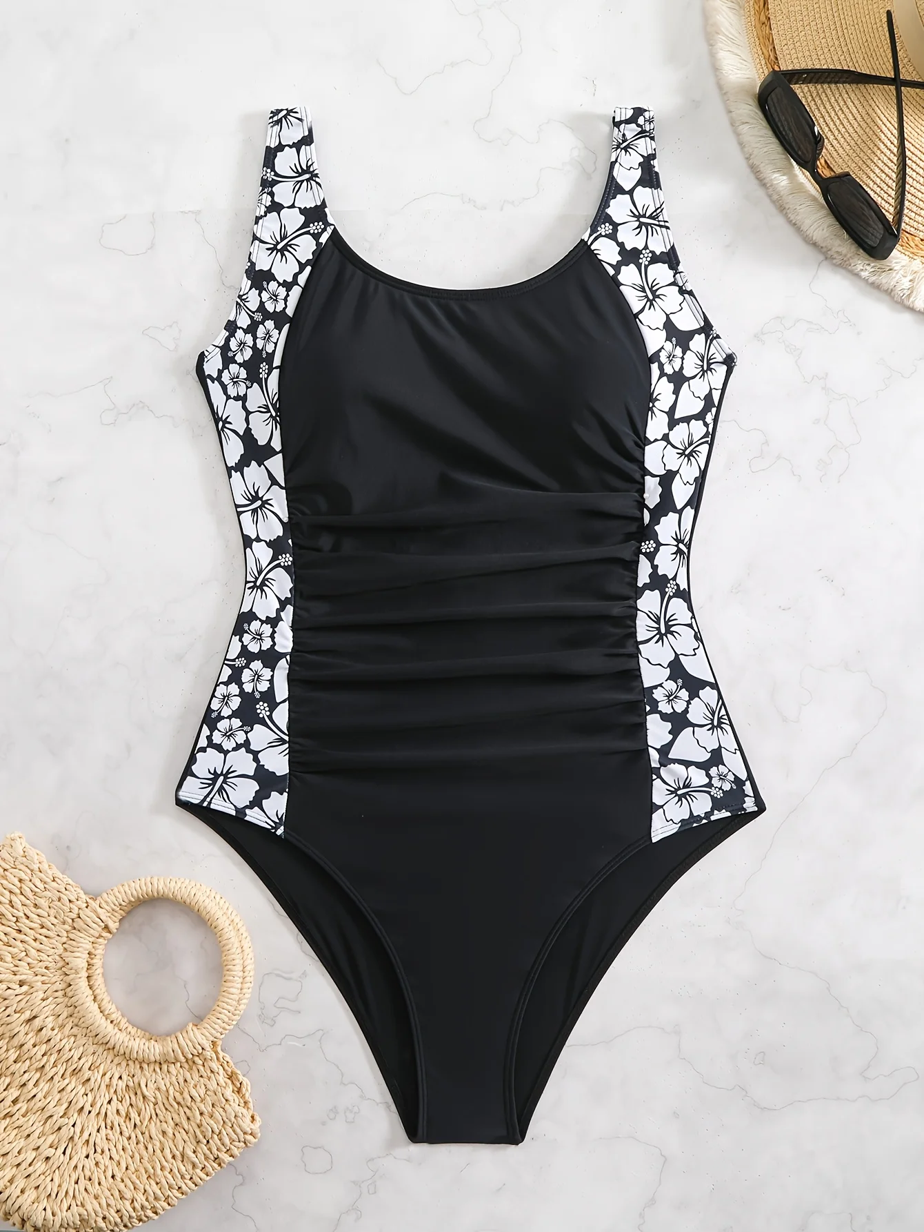 Traje de baño elegante de una pieza para mujer: bikini negro y con estampado floral, tela de secado rápido de cintura alta para playa, piscina