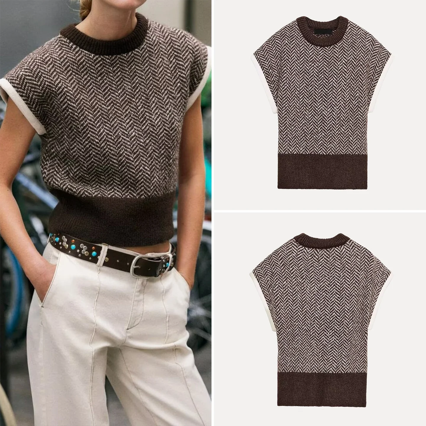 Zoete Faionable Gebreid Vest Top Dames Faion Herfst 2025, rond Ne Streeppatroon Geen Knoopsluiting Pendelen Sle