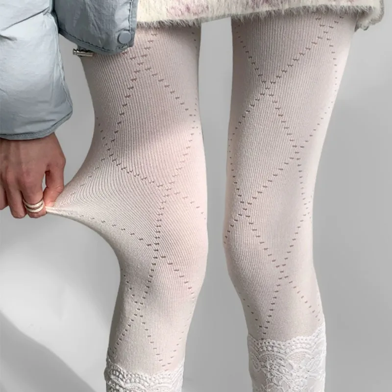 New Korean Retro Jacquard Knitted Rhombus Hollow Pantyhose Warm Base Grid Leggings Autumn Elastic Slim Stockings for Women Grils