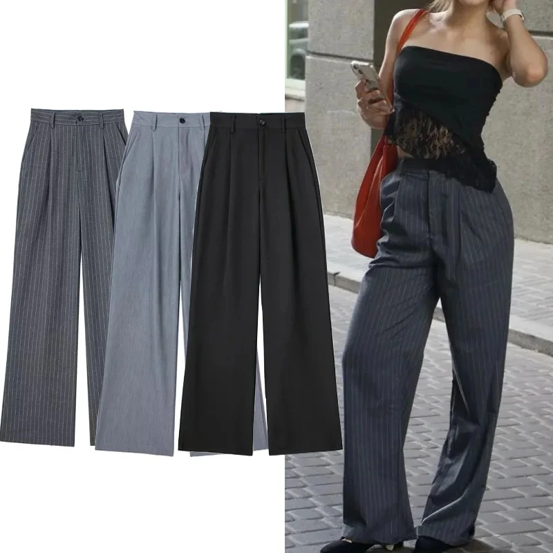 Women's Formal Pants Office Wear Women Striped Grey Black Pants Woman High Waist Baggy Suit Pants Casual Wide Leg Trousers