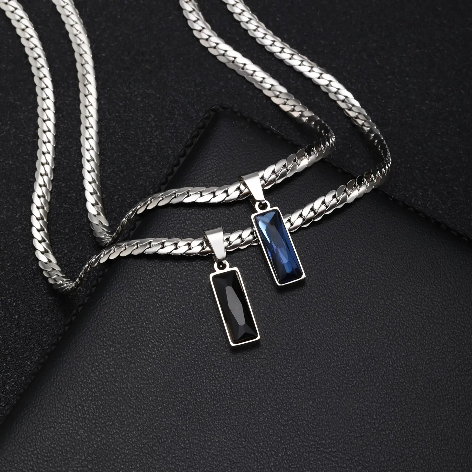 

Stylish Mens Geometric Stone Pendent Necklaces,Stainless Steel Flat Cuban Chain Collars,Hip Hop Jewelry Gifts for Him Boys