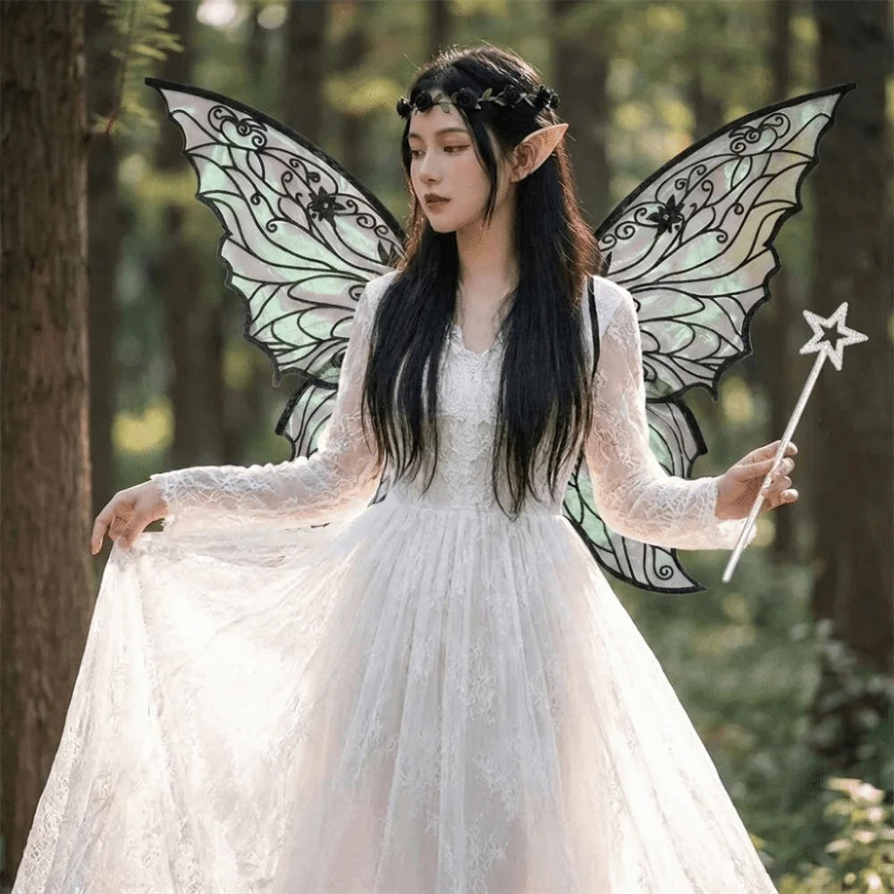 Foldable Wings Wreath Elf Ear Set Sparkling Flower Crown Butterfly Wings Set Wand Fairy Wings Fairy Cosplay Set Carnival