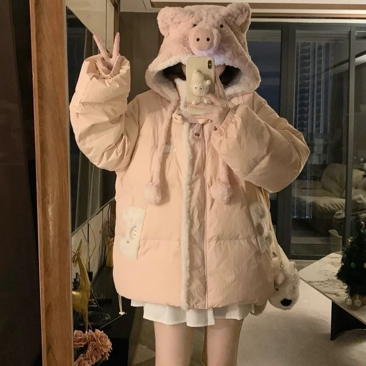 

Утепленная зимняя пуховая куртка для женщин с милым принтом поросенка, теплая верхняя одежда со съемным капюшоном, эластичными манжетами и длинными рукавами на молнии