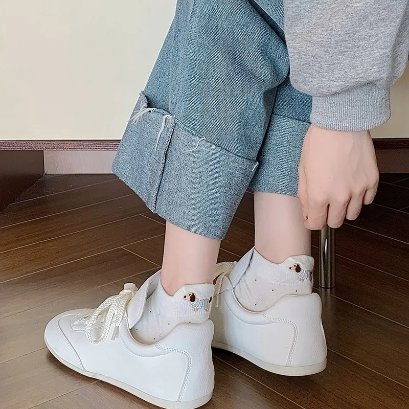 Spring Summer Thin Women Short Socks Polka Dots Cute Cartoon Sausage Dog Embroidery Boat Socks Pure Cotton Short Trendy Socks