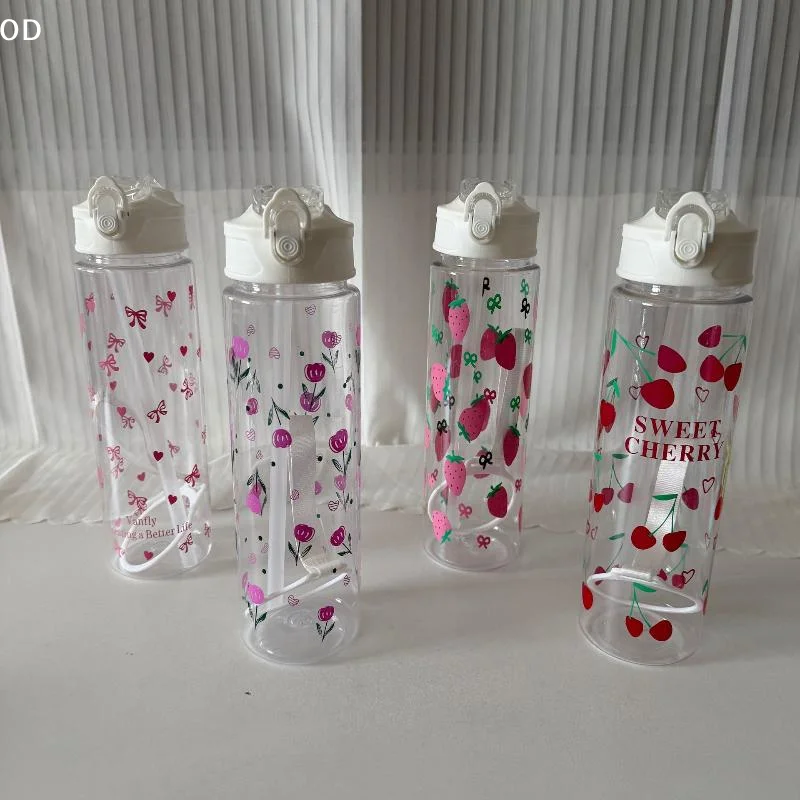 750ML White Water Bottle Full Printed Cartoon Strawberry Bow Flower Fade Resistant Leakproof Reusable Stylish Cup For Sports