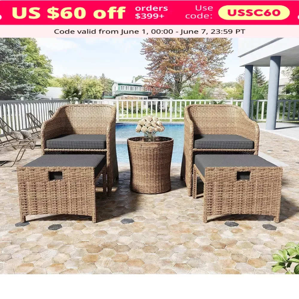 

5 Piece Patio Conversation Set, Wicker Rattan Lounge Chairs with Soft Cushions 2 Ottoman&Glass Table, Garden Furniture Set