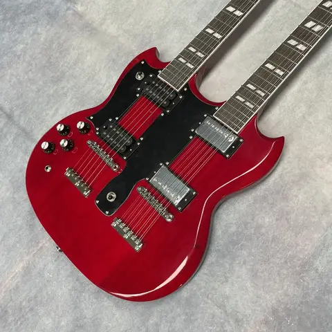 Left-handed double-headed 6-12-string red electric guitar, rosewood fingerboard, mahogany, white hardware electric guitarrs guit