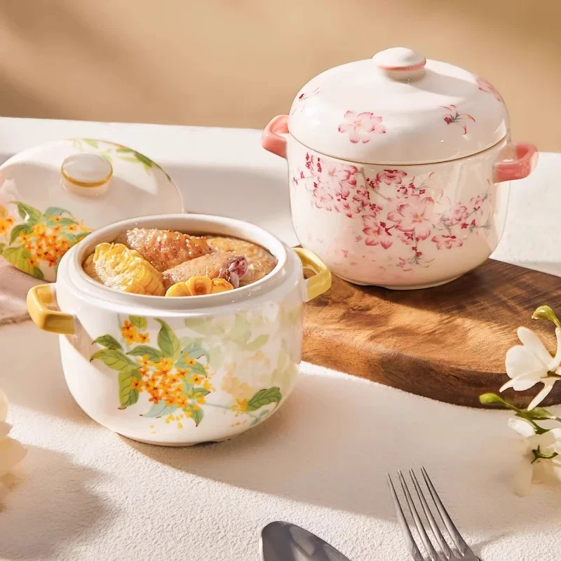 Double-Handle Ceramic Stew Pot with Lid Nutrient-Lock Design Thickened Soup Cooker Steam-Resistant Home Water Bath