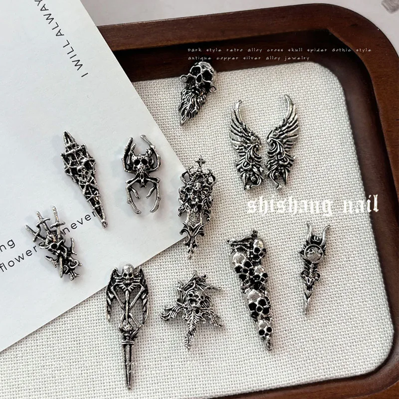 2026 NEW 10/11pcs Gothic Punk Style Nail Art Charms Antique Silver Alloy Skull and Cross Halloween Nail Decorations view 5