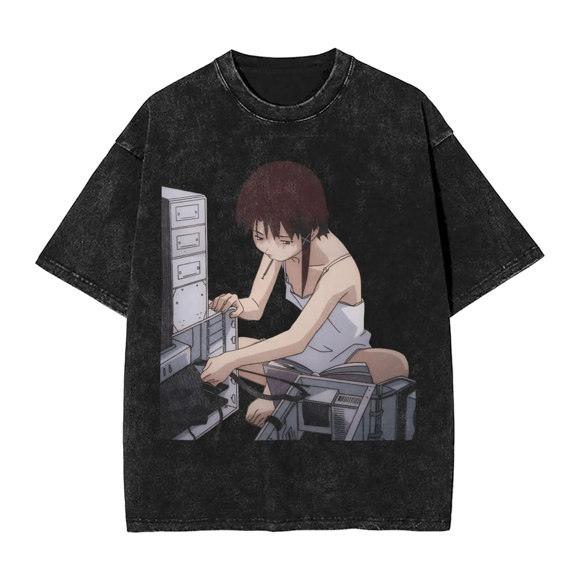 Serial Experiments Lain Men's T Shirt Washed  Novelty Tee Shirt Short Sleeve Round Neck T-Shirt Pure Cotton Plus Size Clothing