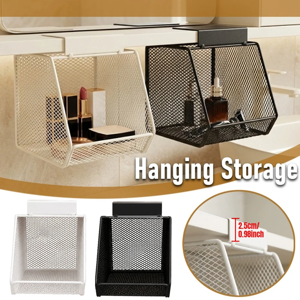 Under-Cabinet Iron Hanging Storage Basket Multi-Functional Space-Saving Storage for Vanity Bathroom Kitchen & Desk Utility Racks
