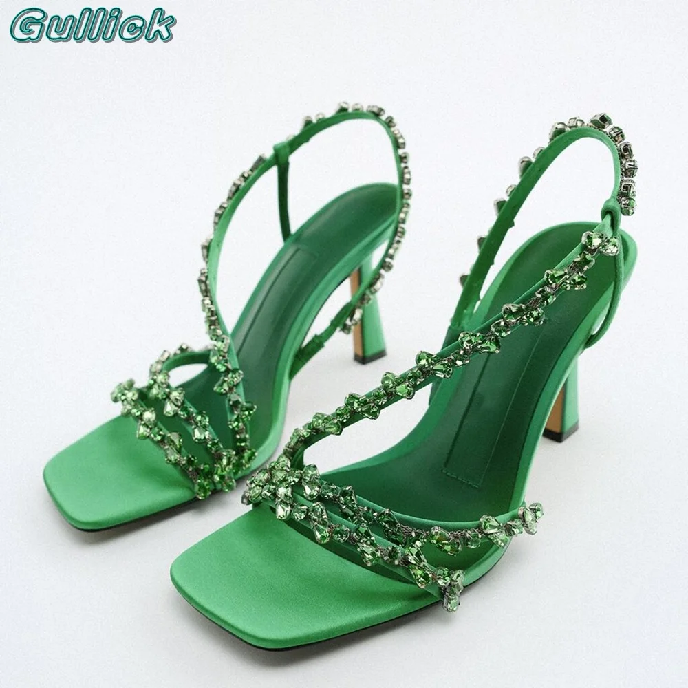 Blue Gemstone Beaded Sandals Square Toe Slingback High Heel Sexy Green Color Slip On  Solid Chic 2024 Narrow Band Summer Shoes