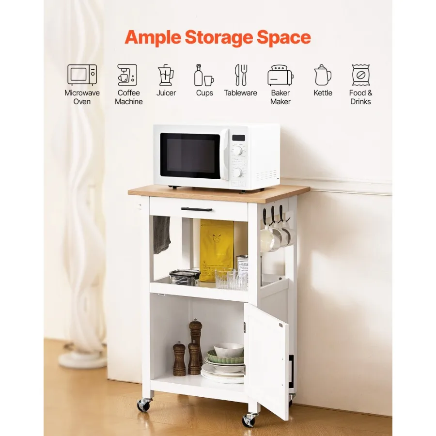 Kitchen Island Cart with Single Door Cabinet Mobile Carts with Drawer Towel Rack Hooks Portable Table on Swivel Wheels Small Co