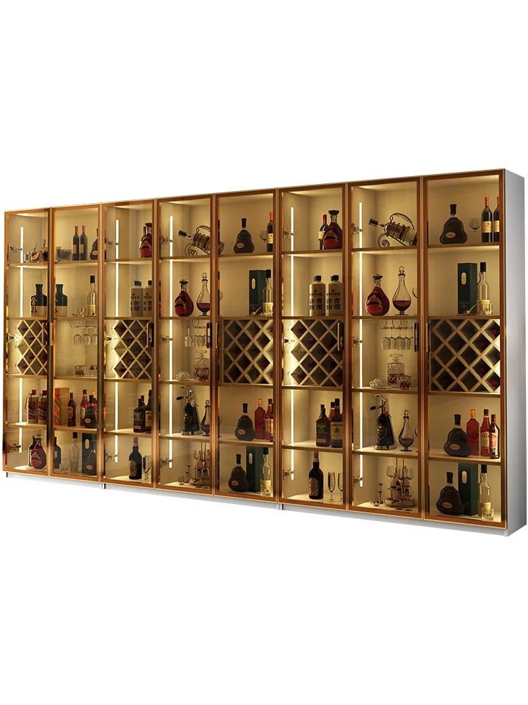 Living room wall glass with induction lamp red wine lattice display multi-functional solid wood wine cabinet