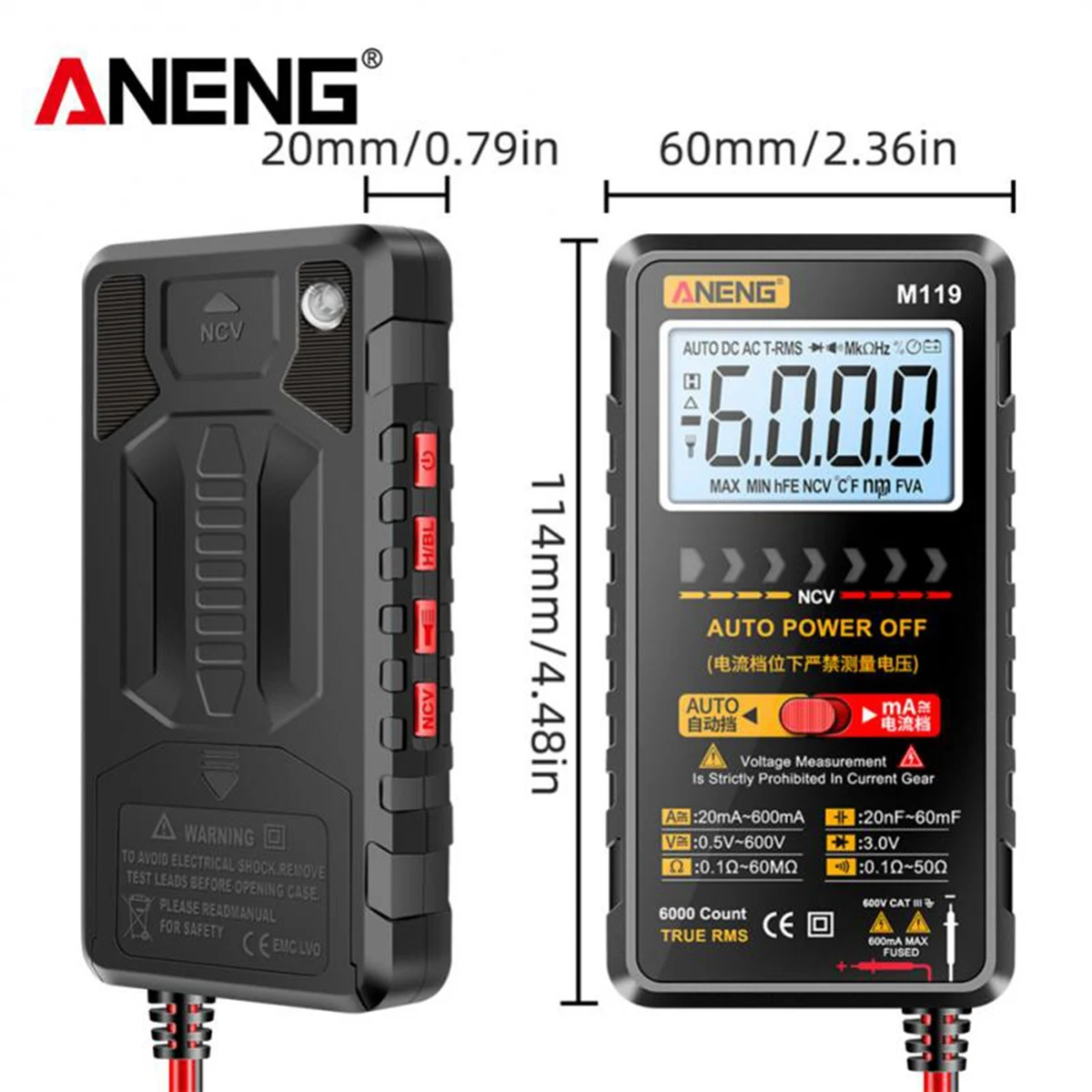 Imagem -06 - Multímetro Digital Portátil 6000 Contagens Multimetro Transistor Tester Capacitor Aneng-m119