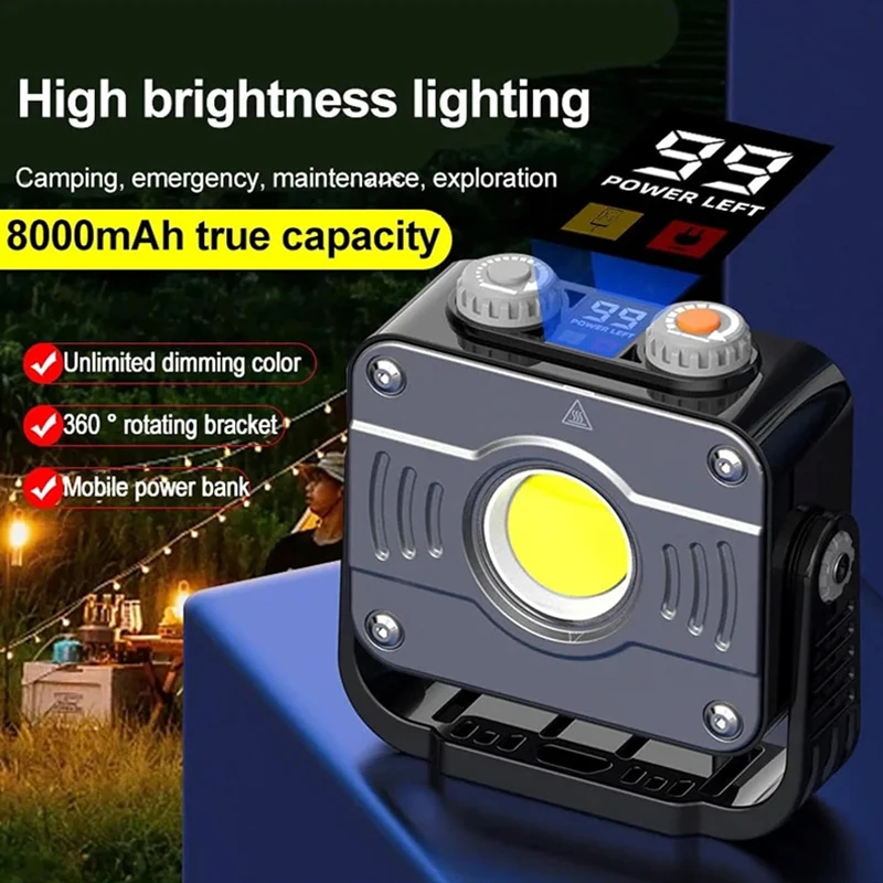 COB LED ضوء التخييم، ستبليس يعتم الفيضانات السوبر مشرق 1200LM مع قوس المغناطيس 8000mAh للطوارئ، المرآب العمل