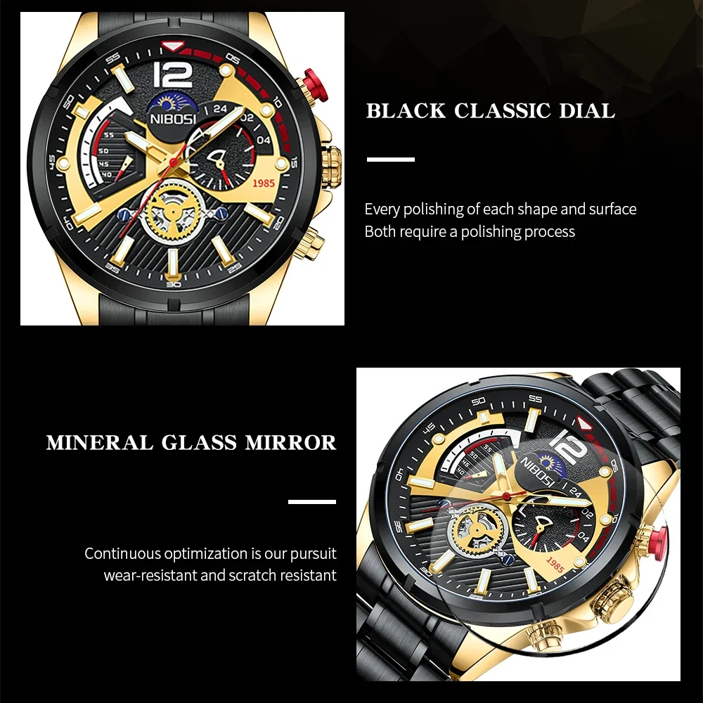 Nibosi-ساعة كوارتز للرجال ، كرونوغراف من الفولاذ المقاوم للصدأ ، مقاومة للماء ، تاريخ تلقائي ، علامة تجارية عالية ، أزياء