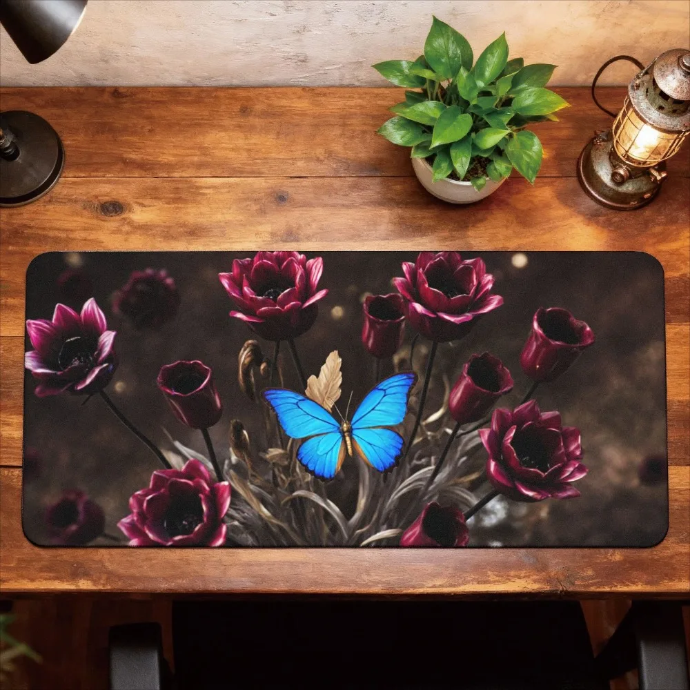 Deep red flowers and blue butterfly mouse pad - elegant desktop accessories, suitable for PCs modern office computer accessories