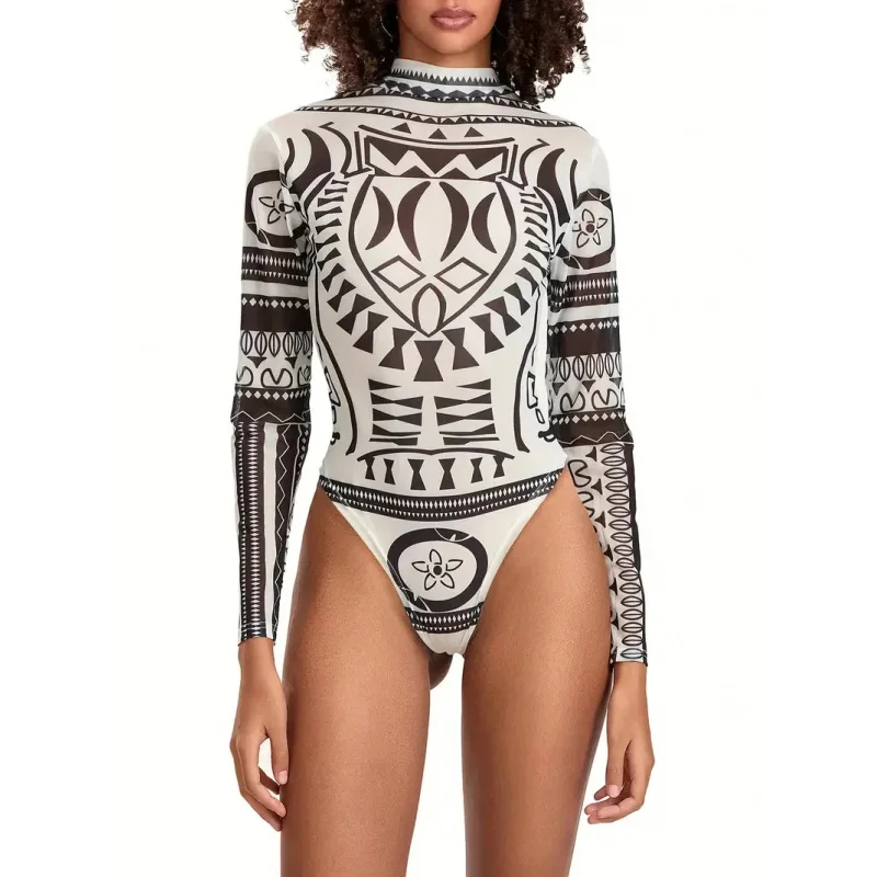 XS-3XL Summer Beach Long Sleeve Sunscreen Bathing Swim Wear Tight Jumpsuit Cosplay Black Print Sexy Women Swimsuit Bodysuit CanC