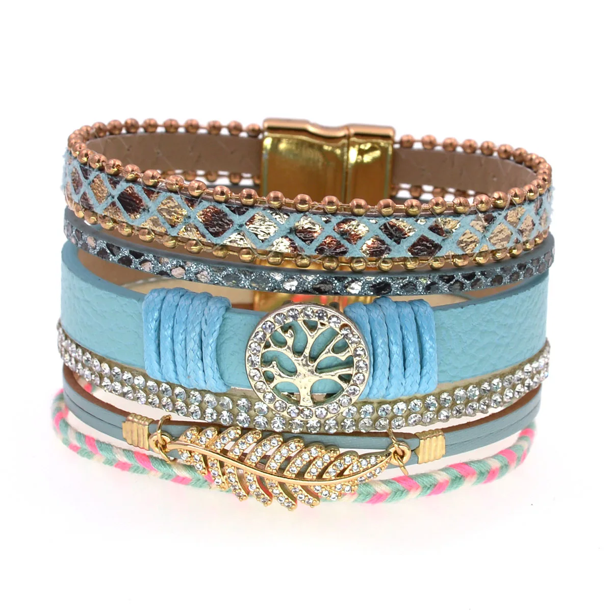 WELLMORE Micro inlaid rhinestone tree decorate leather bracelets for women Casual holiday wear cuff bracelet