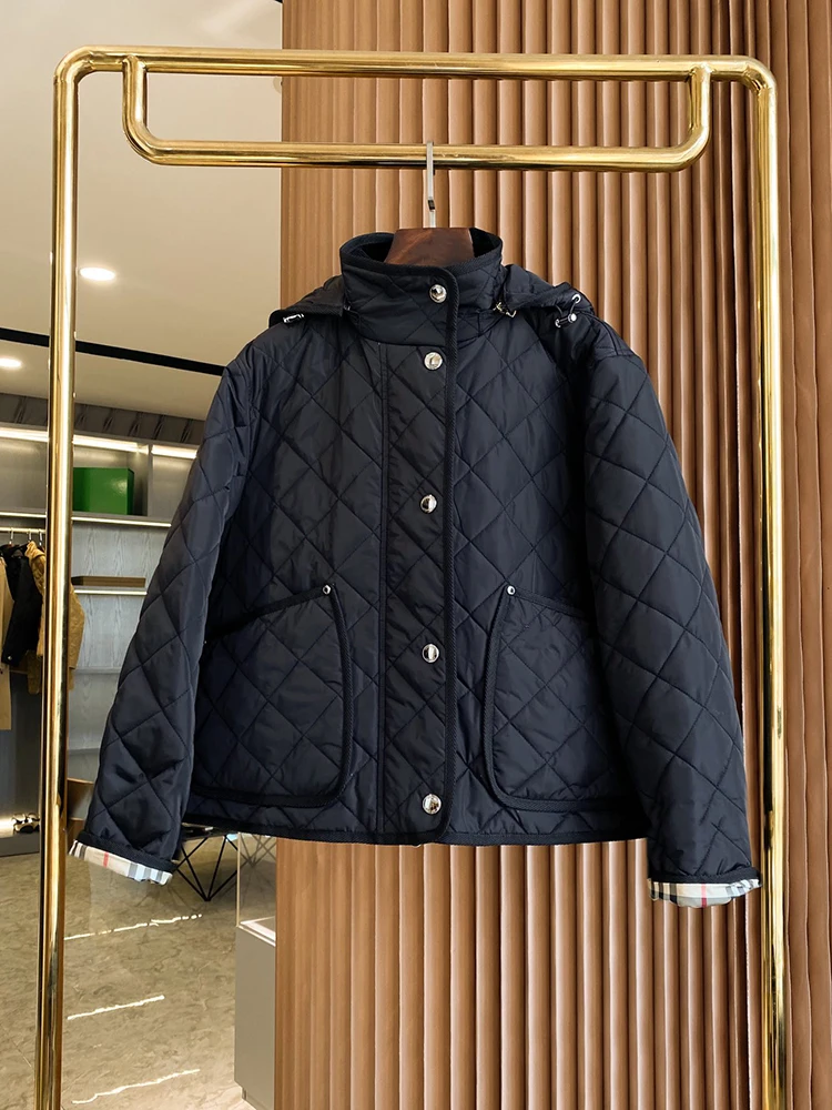 Autumn Winter British Style Women's Short Quilted Coat with Detachable Hat Diamond Pattern Cotton Padded Jacket