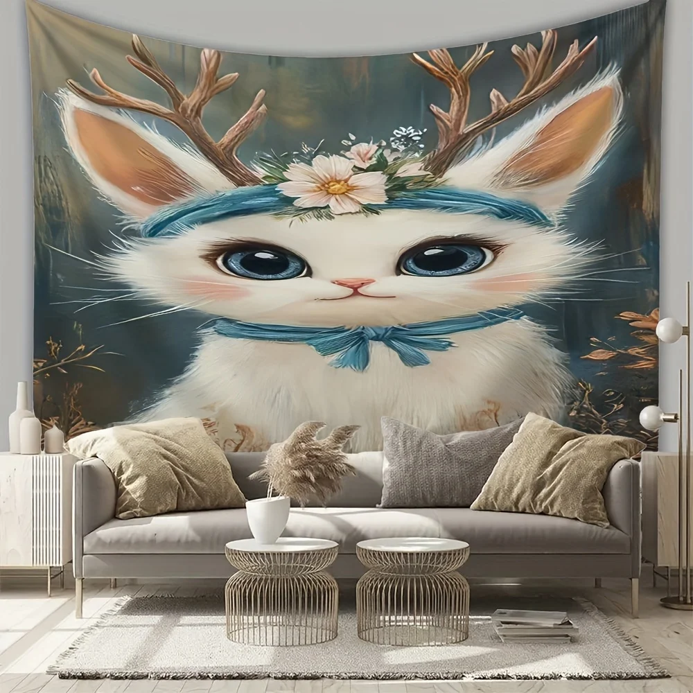 White cat with antlers Digital printing polyester wall tapestry suitable for use in living rooms bedrooms offices bars party