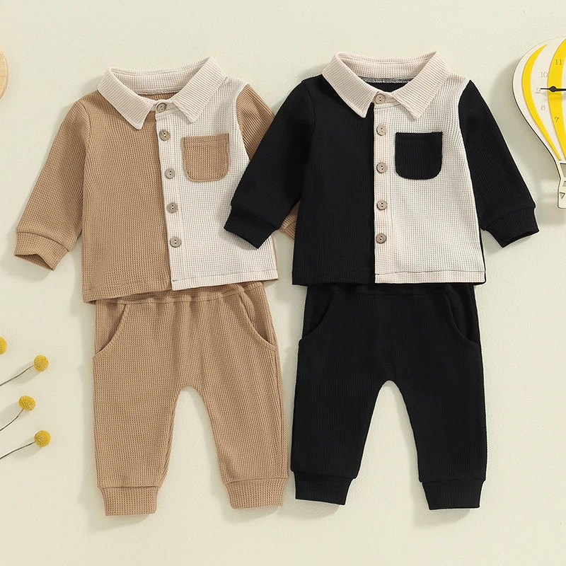 

2024-05-29 Lioraitiin 6M-4Y Baby Boy Fall Outfits Classic Long Sleeve Contrast Color Shirt + Pants Set Toddler Warm Clothes