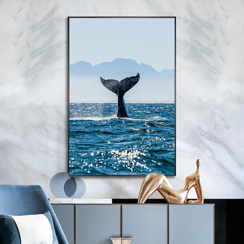 Whale Into The Water Blue Sea Realistic Landscape Painting Canvas Print HD Wall Art Picture Posters and Prints for Living Decor