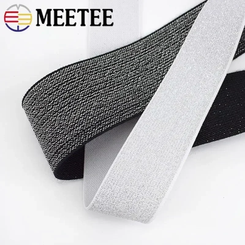 2/5/10Meters Meetee 10-50mm Gold Silver Silk Elastique Band Glitter Rubber Webbing DIY Waistband Dress Belt Sewing Accessories