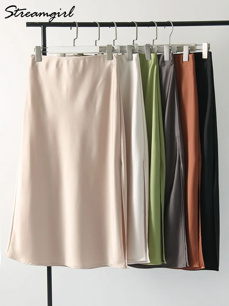 Jupes mi-longues vertes pour femmes, ligne A avec fente, taille haute, satin, taille élastique, couleur unie, bureau