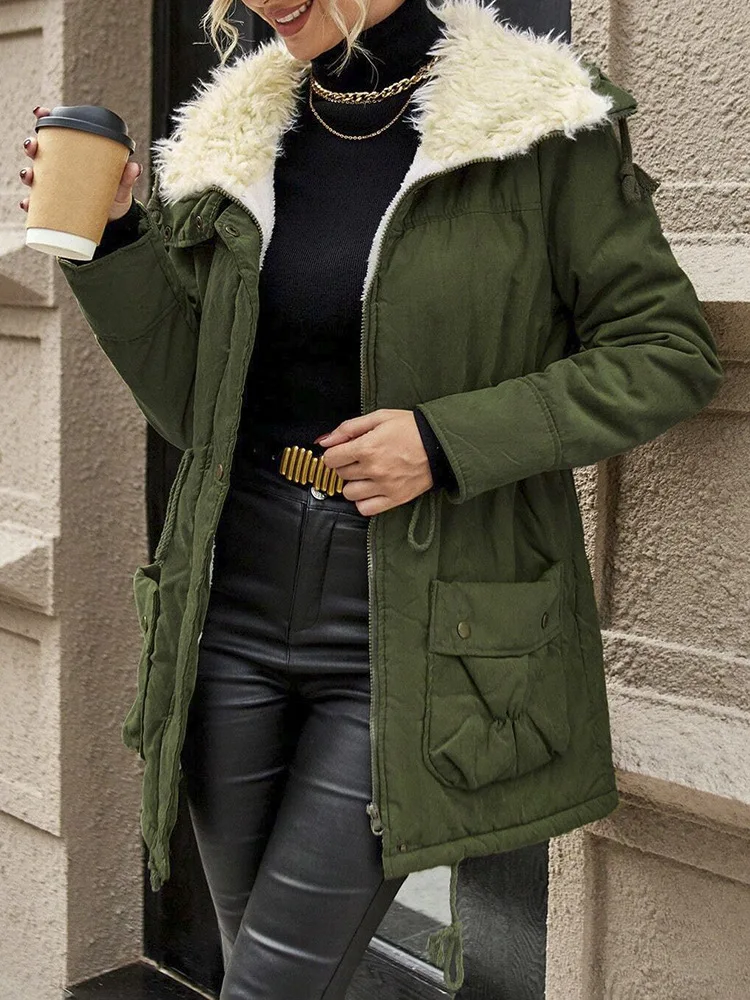 Neue Damen Winterjacke mit Baumwollfüllung 2026 Damen Mittellange Warme Lammfell-Steppjacke Übergrößen Damenparka Oberbekleidung – Detail 3