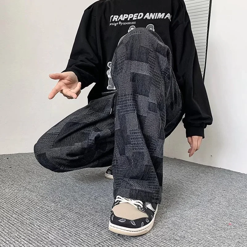 Autumn Blue Black Plaid Jeans For Men Y2K Vintage Wide-leg Jean High Street Loose Straight Denim Trousers Hip Hop Pantalones