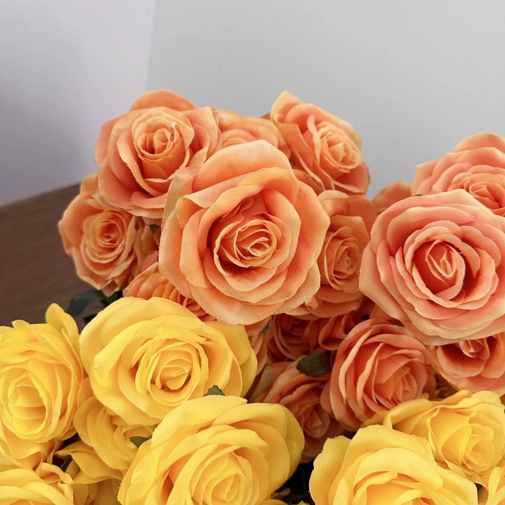 9 Köpfe Seidenrosen Blumenstrauß Künstliche Blume Orange Gelb Brautrose Gefälschte Rose Wohnzimmerdekoration Hochzeit Valentinstag – Detail 2