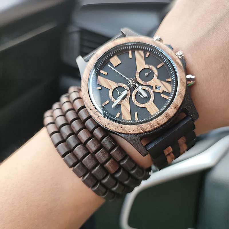 Men Watches Wooden Personalized Custom Military Sports Chronograph Date Stylish Casual Quartz Watch Wood Wristwatches Relogio