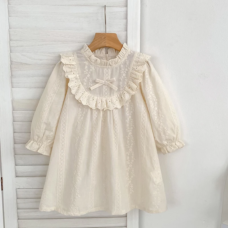2-6Yrs Baby Lace Princess Girl Dress Embroidered Flowers Bow Baby Long Sleeve Dress Toddler Infant Girl Clothes Kids Outfits