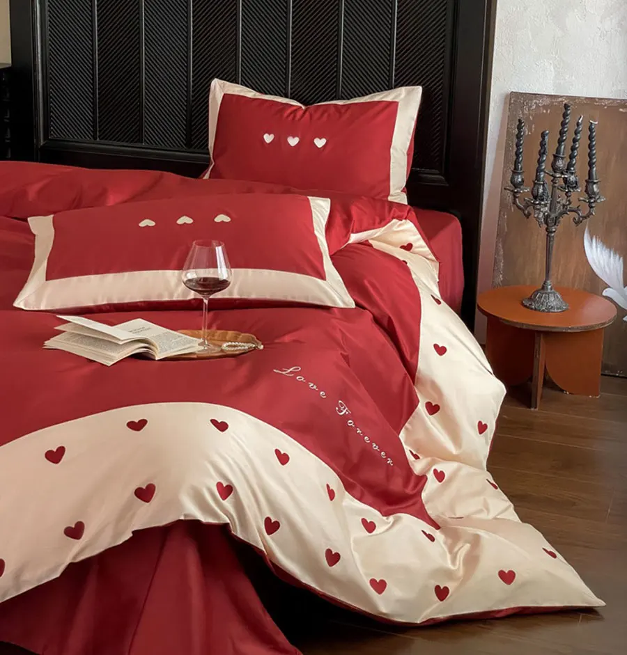 Fashion sweet red khaki heart bedding set,full queen king trend modern cotton home textile bed sheet pillow case duvet cover