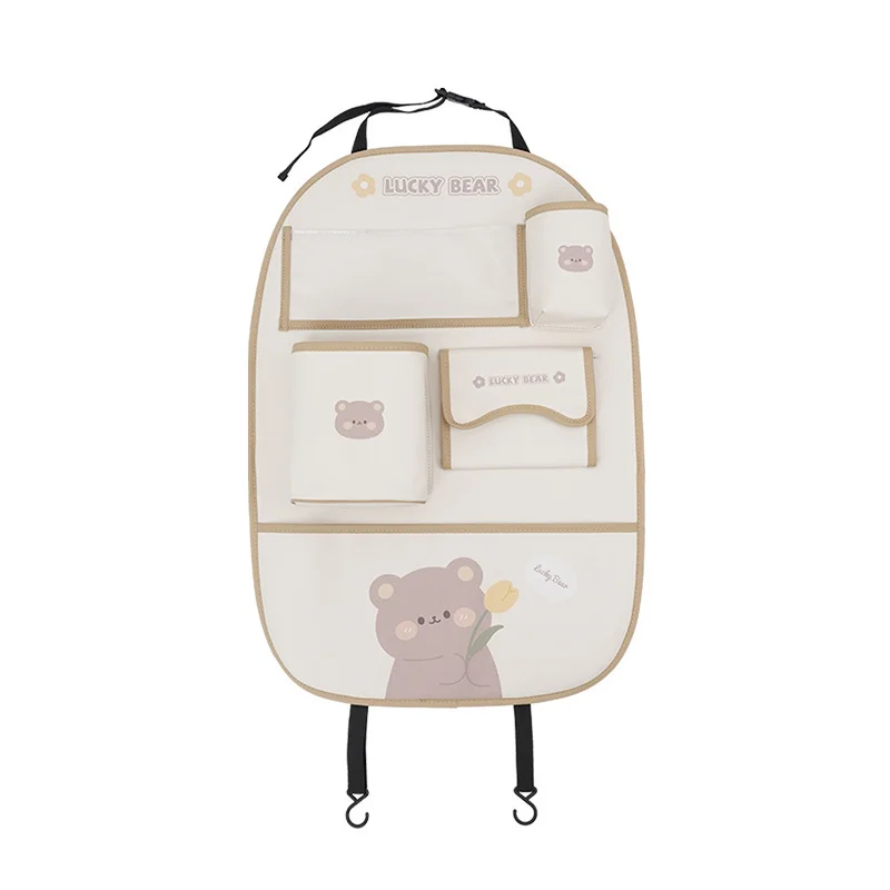 Cute Rabbit PU Leather Car Seat Back Organizer with Cup Holder, Tissue Box & Tablet Pocket, Waterproof Kids Travel Kick Mat