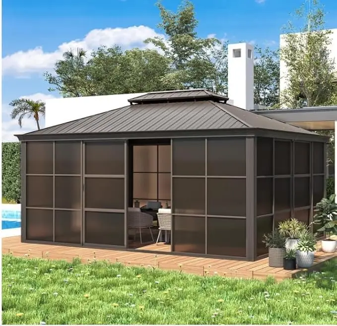 

12' x 16' Sunroom, All-Season Solarium Gazebo with Sliding Doors & Lockable PC Screen Walls, Outdoor Permanent Sunroom with