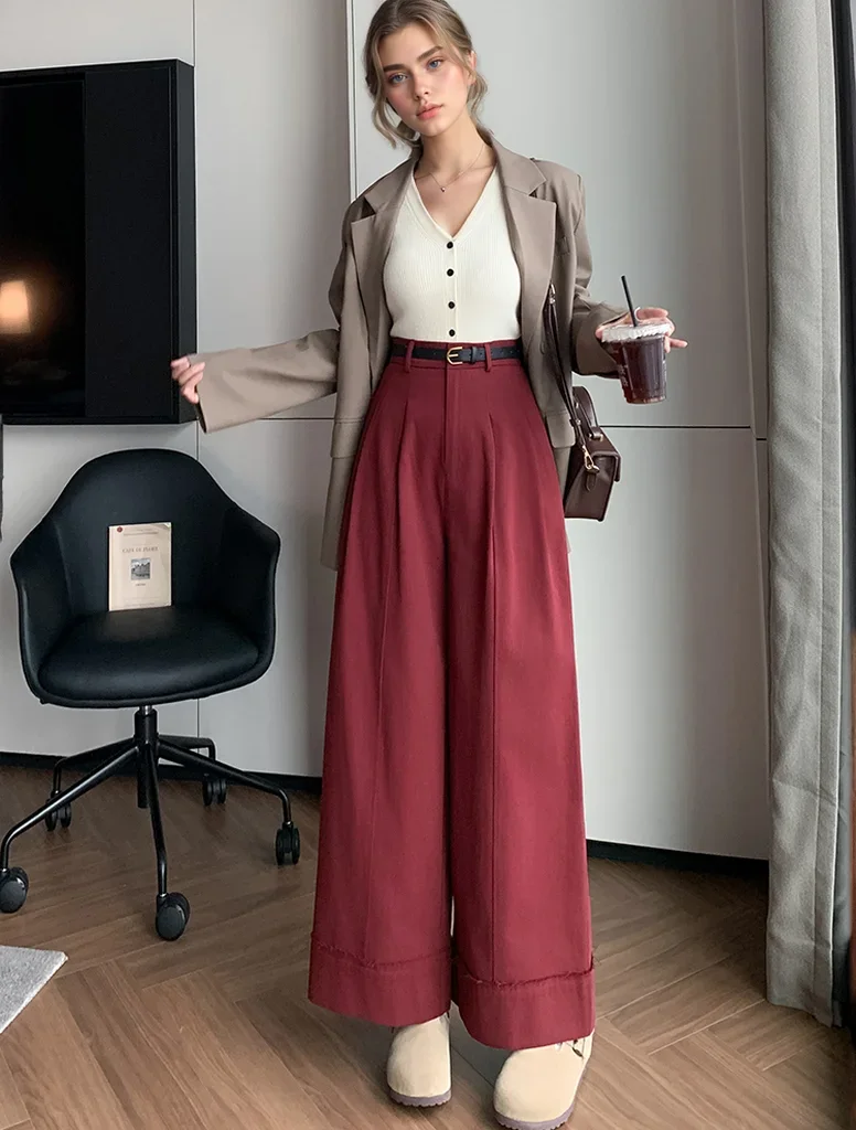 

Pop New Arrivals Fall Casual Wide Leg Pants Women High Waist Loose Washed Cotton Straight Trousers Female