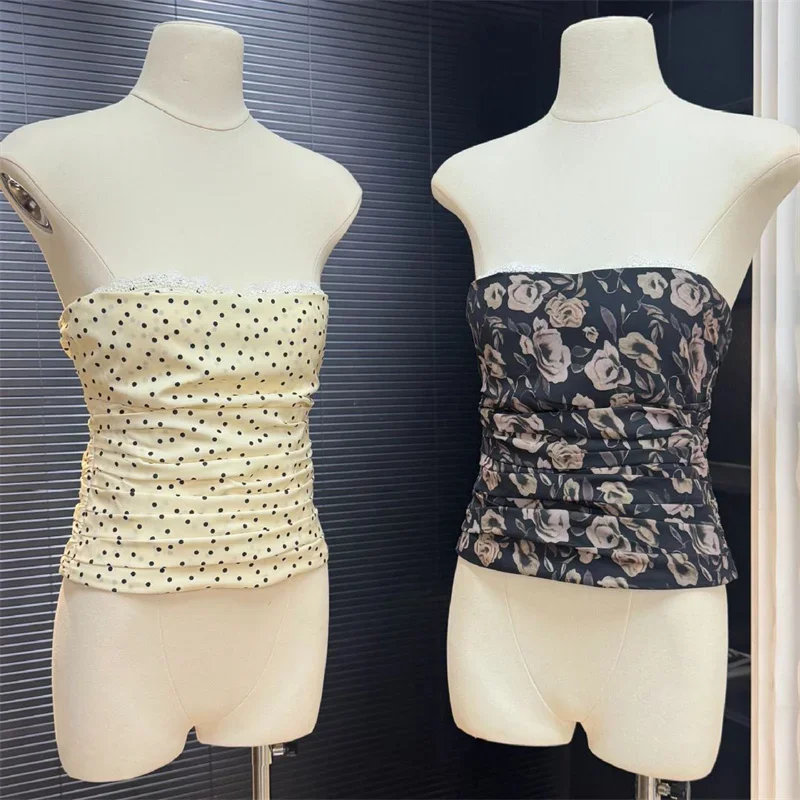 

Women's vest New lace patchwork sleeveless top for summer 2025 Printed slim fit women's corset Sexy off the shoulder Tank top