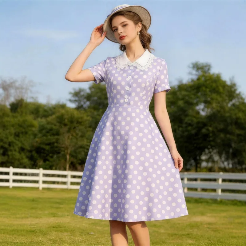 2026 New Women 50s Vintage Polka Dot Swing Midi Dress Hepburn Retro Print Lace Trim Peter Pan Collar Short Sleeve A Line Dresses