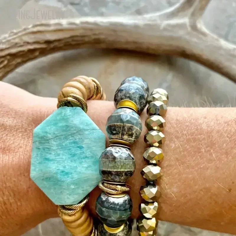 10pcs Amazonite Coconut Wood Discs Beaded Gemstone Healing Crystal Bracelet Stacking Women Boho Hippie Jewelry Gift